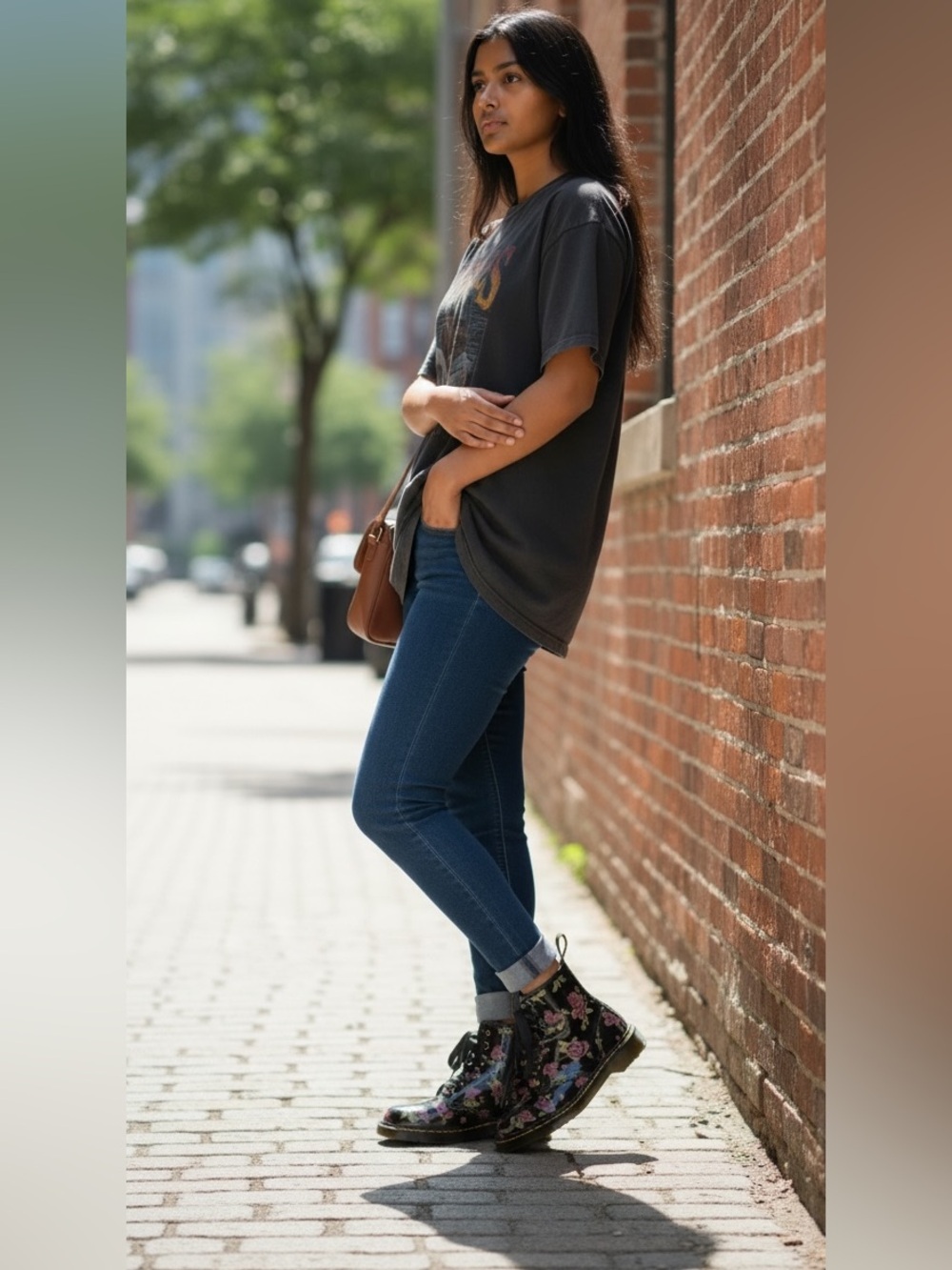 Dr. Martens Black Patent Floral Lace-Up Ankle Boots NIB